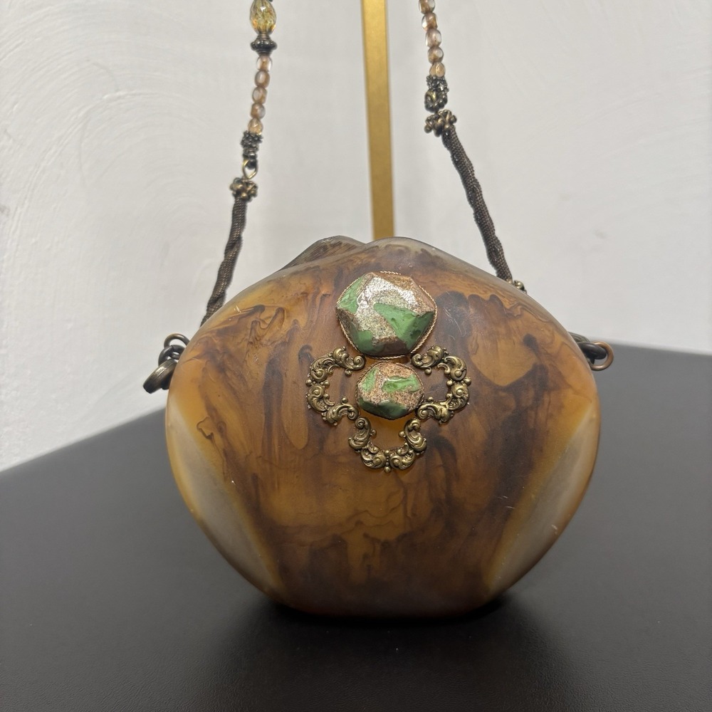 Vintage Maya Evangelista Resin Amber‎ Purse bag Embellished Beaded Jeweled Strap